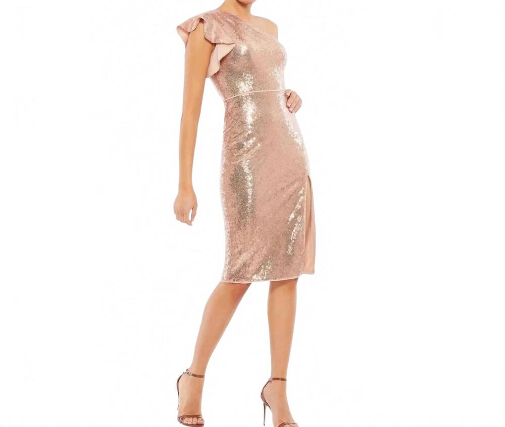 NEW MAC DUGGAL women's sequined flutter one shoulder midi dress in copper pink